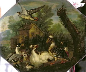 Ornamental Waterfowl and their Ducklings on a Mill Pond